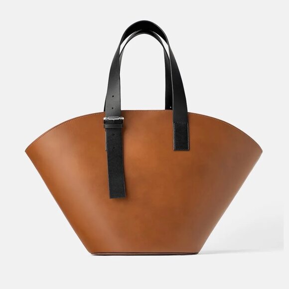 ZARA XXL Leather Bucket Tote Brown with Black Handles - Picture 4 of 16